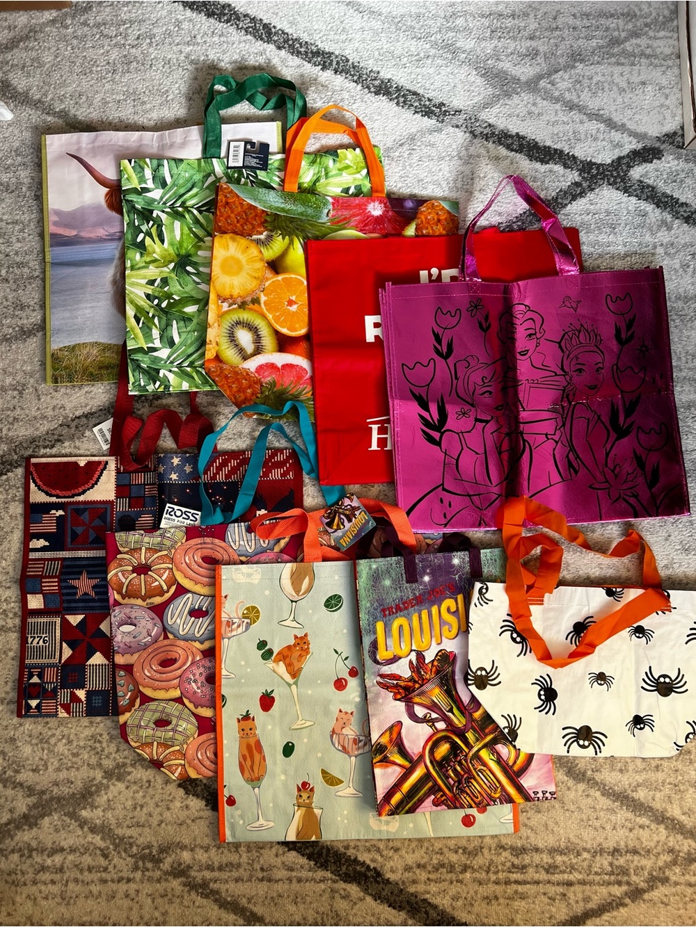 Bundle of 10 Large Shopping Tote Bags - Assorted Colors and Designs!
